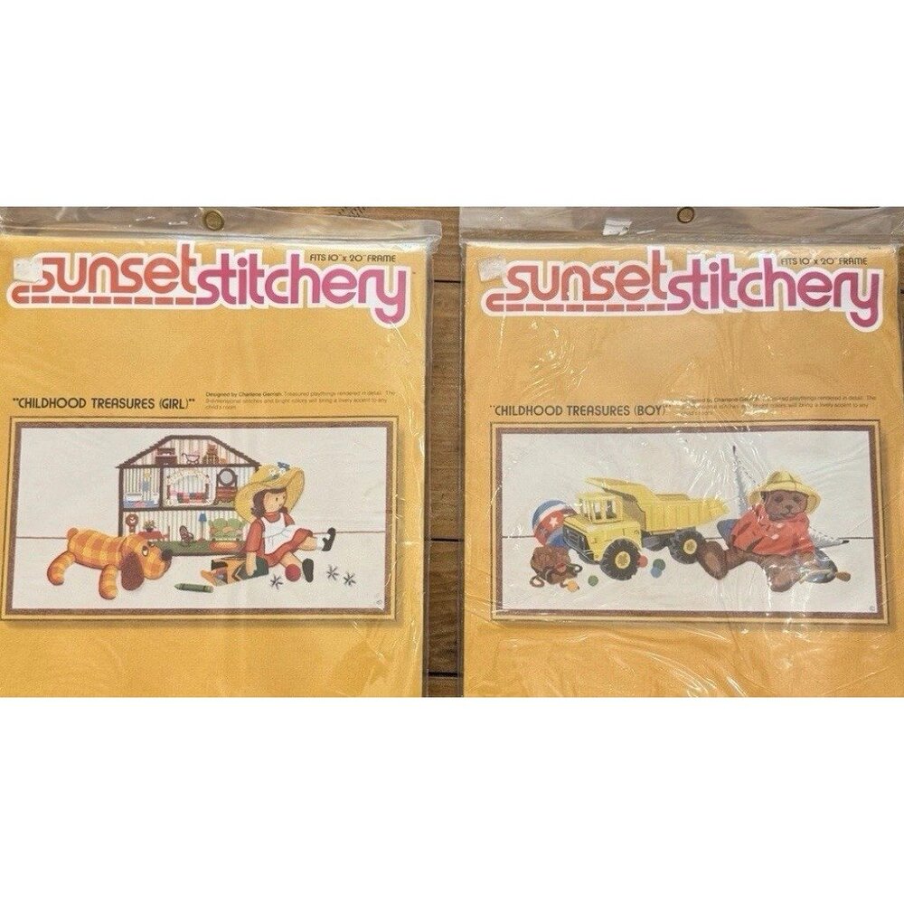2 Sunset Stitchery Crewel Embroidery Kits 10x20 Childhood Treasures Kids Nursery